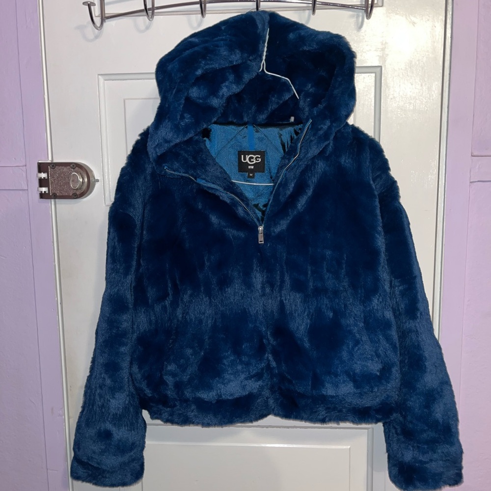 UGG Mandy Faux Fur Blue Hoodie Coat Sz M NWT New  Satin Feel Lining Deep Emerald
